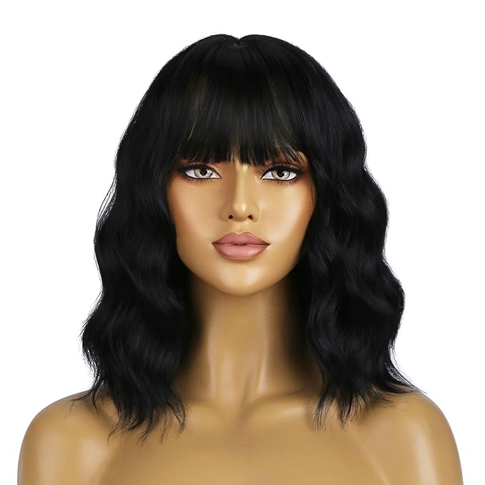 BERON 14 Inches Black Wigs with Bangs for Women Short Curly Wig Black Bob Wig for Girl Natural Looking Wavy Wigs