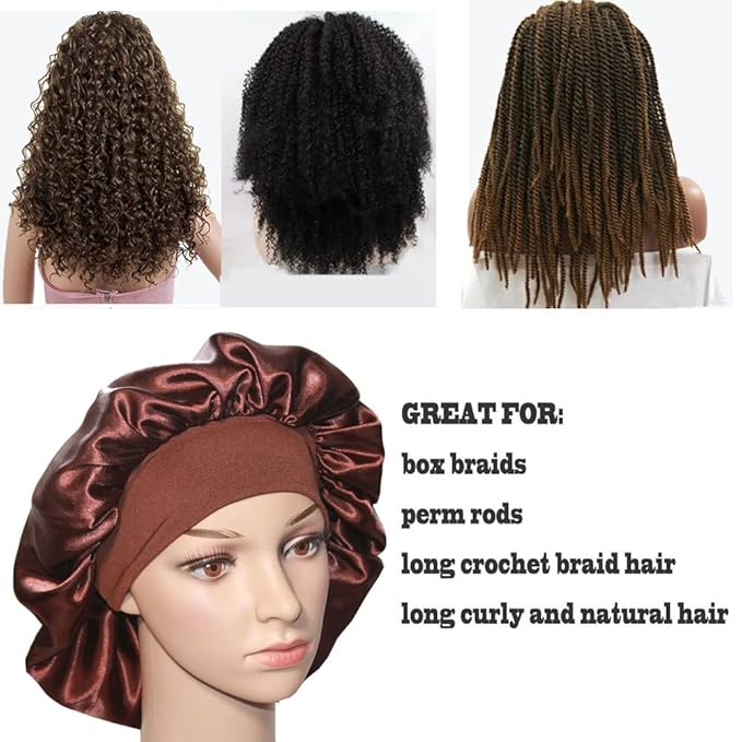 VEYRNEIC Hair Satin Bonnet For Sleeping Shower Caps Silk Chemo Caps with Wide Elastic Band Night Sleep Cap Bonnets for Black Women Braids with Satin Storage Bag(Brown)