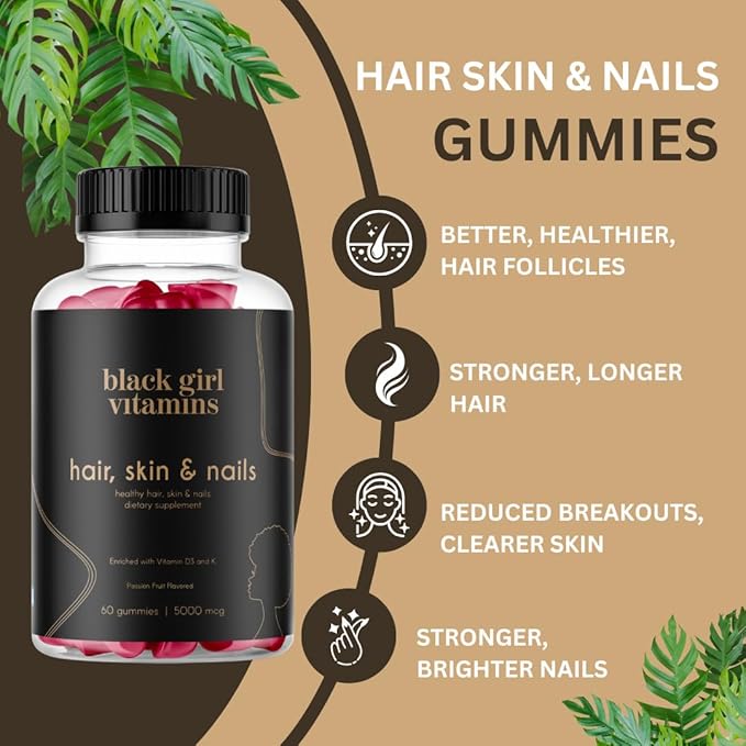 Black Girl Vitamins - Hair, Skin, and Nails Gummies with Biotin (6000 mcg), Zinc, Gelatin Free, Vitamin A, and Vitamin E - Gluten-Free. Made in The USA (Passion Fruit, 120 Count) 60 Day Supply