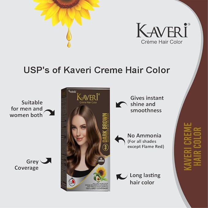 Kaveri Creme Hair Color Permanent Hair Dye Color - With Improved Creme Formula for Gray Coverage Ammonia Free Hair Color Dye for Rich Bright Long lasting (Dark Brown, 3.04 Fl Oz) - Pack Of 3