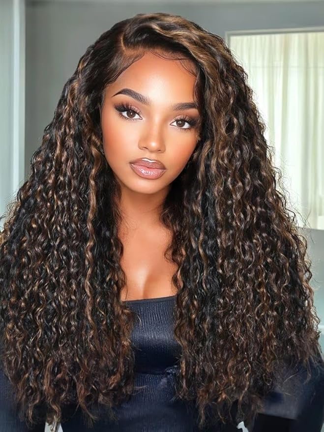 Julia Hair Golden Brown Highlight Water Wave and Jerry Curly Wig Mixed Curls 13X4 Lace Front Pre Everything Wigs Glueless Human Hair Lace Frontal with Invisi Drawstring Ready to Go 16 Inch