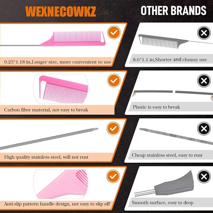 3-in-1 Rat Tail & Stainless Steel Pintail Comb Set - Carbon Fiber Teasing Comb for Braids, Barber Styling & Salon Use - Fine Teeth, Pink & Black