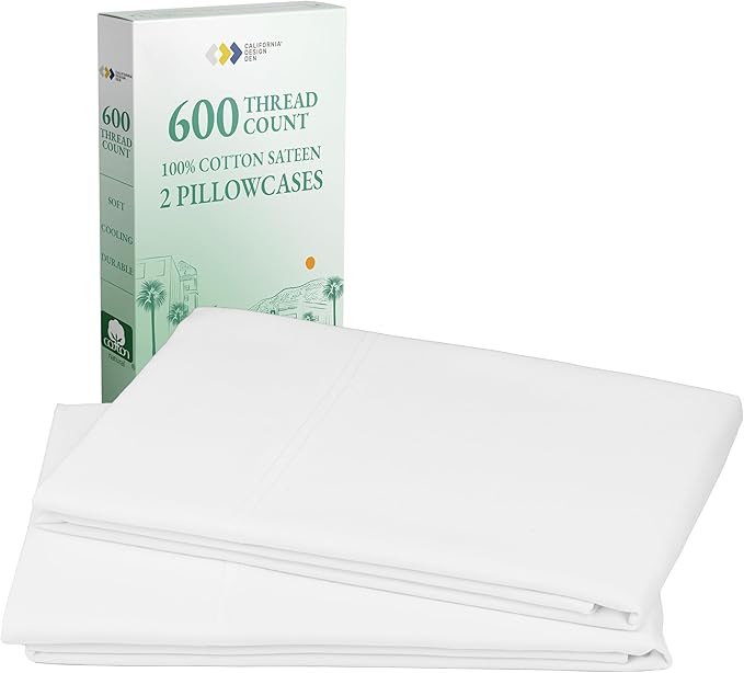 CALIFORNIA DESIGN DEN Luxuriously Soft Hotel Quality 600 Thread Count, 100% Cotton Set of 2 Cases, Crisp & Cool White Standard Pillow Cases Fits Standard & Queen Pillows (Bright White)