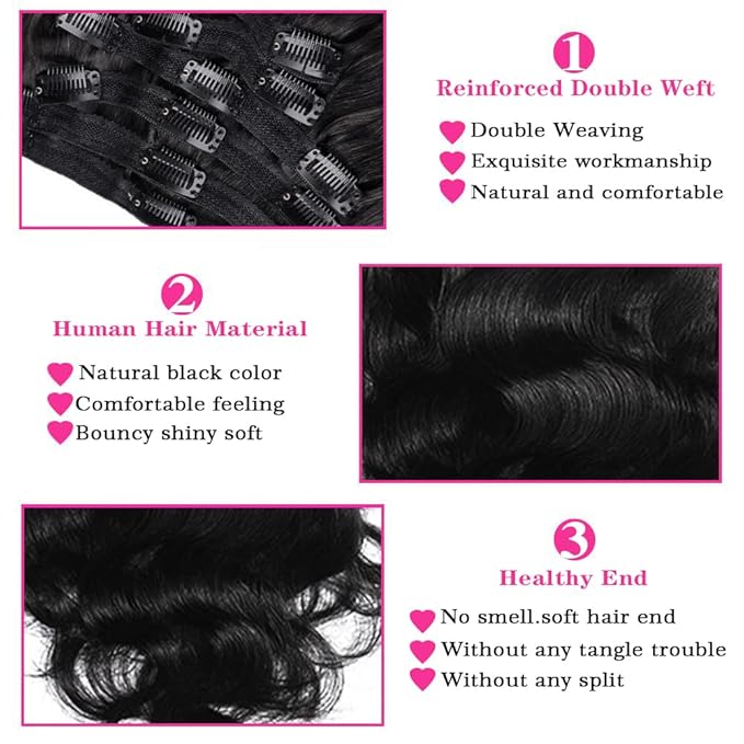 Body Wave Brazilian Clip in Hair Extensions Human Hair 8Pcs Remy Hair Extensions Clip ins for Black Women with 18Clips 120g (24inch, Natural Black)