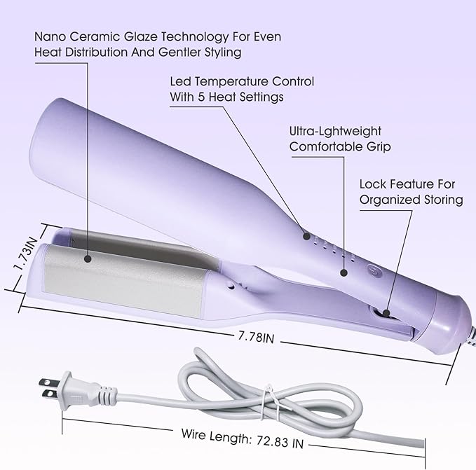 Beach Wave Curling Iron Deep Waver Hair Tool, Mermaid Hair Waver for Women Crimper, Anti-Scald, Dual Voltage, 1.4 Inch Ceramic Double Barrel Wavy Curling Iron, Purple