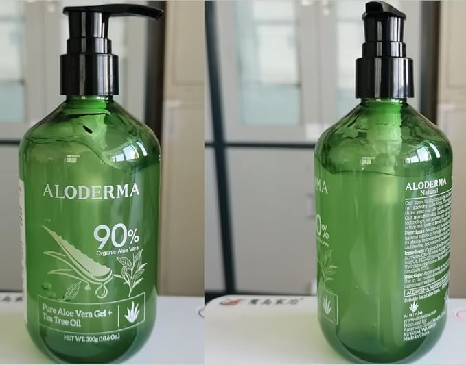 Aloderma Aloe Vera Gel + Tea Tree Oil, Made with Refreshing Organic Aloe for After Sun Skin Care, Multipurpose Use for Hair and Scalp, and Face or as a Shaving Gel or Aftershave - 10.6Oz x 6btls
