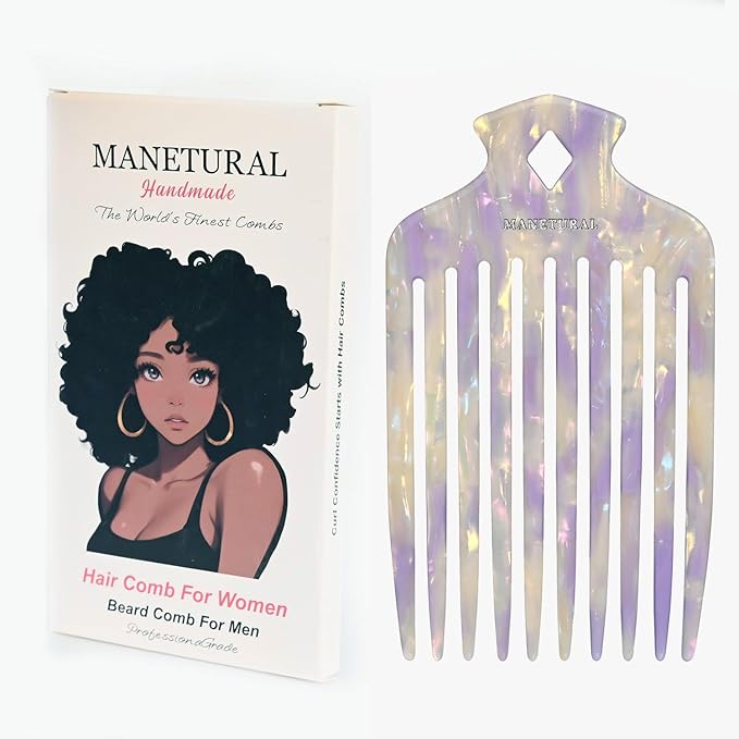 15N Professional Afro Hair Pick for Ultimate Curl Definition, Ideal for Men, Women, and Kids, Cellulose Acetate Long Tooth comb 6.3 inch(16cm)(White purple, 1 PACK)