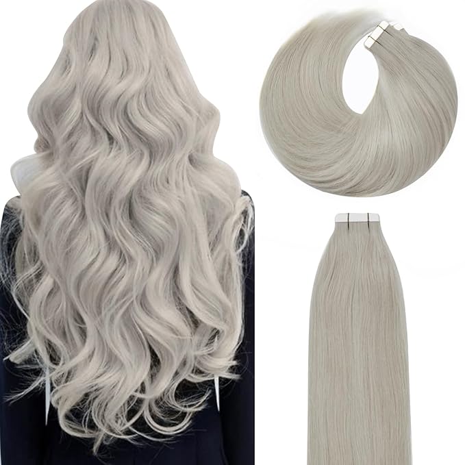 Lacer Tape in Hair Extensions - Human Hair, 20 Inch, Natural Grey Silver, Seamless, Silky Straight, 20pcs, 50grams