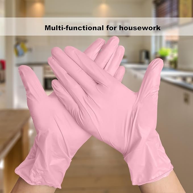 Disposable Gloves Medium, Nitrile and Vinyl Blend Material Gloves, Latex Free, 4 Mil 100 Pc Food Grade Glove for Cleaning, Food Prep, Hair Dye, Tattoo, Pink