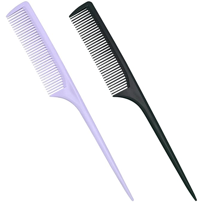 Rat Tail Comb, 2Pcs Teasing Combs with Parting Tip Styling Sectioning Braiding Fine Tooth Comb, Anti Static Hair Detangling Rattail Parting Combs for Women and Men, Fit All Hair Types (Purple, Black)