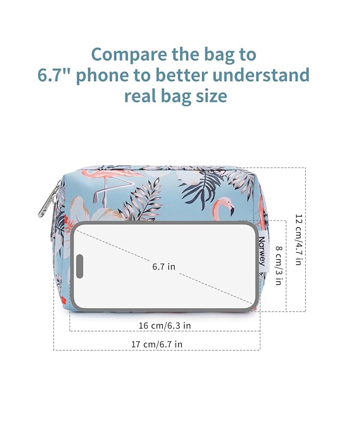 Narwey Small Makeup Bag for Purse Mini Cosmetic Bag Travel Makeup Pouch Zipper Pouch Cute Make up Bags with Compartments for Women Girls(Small, Aqua Flamingo)