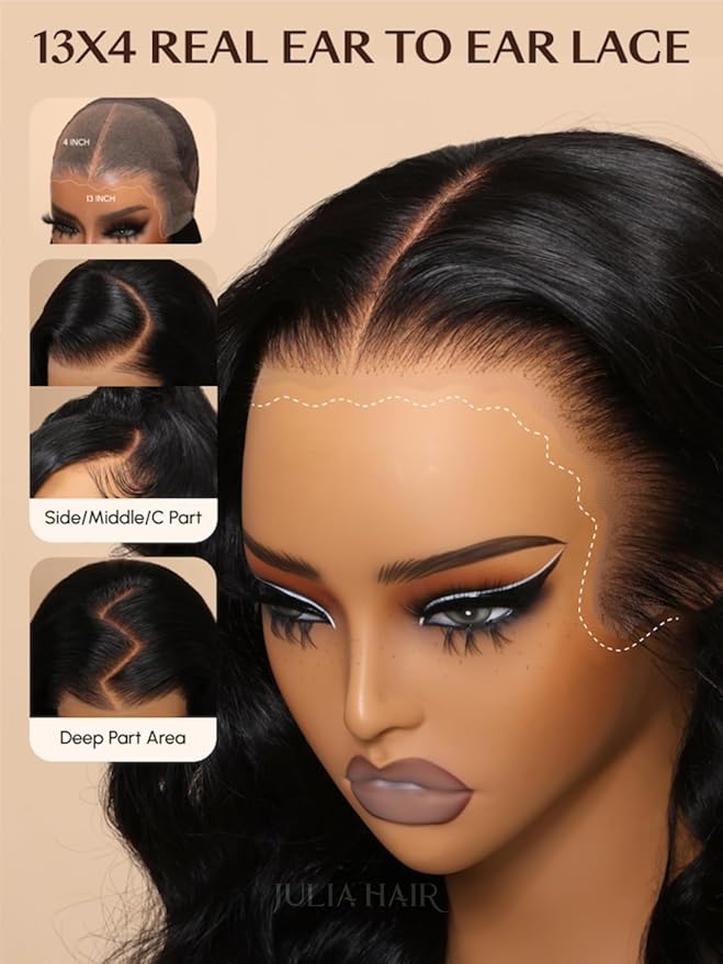Julia Hair Body Wave Glueless 13x4 Lace Front Wigs Human Hair 12A Pre Cut Lace Frontal Wig Pre Bleached Bye Bye Knots Pre Everything Put on and Go 180% Density Fast Wear Wigs Natural Color 22 Inch