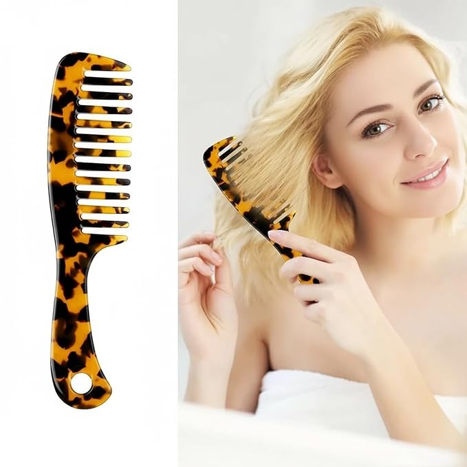 Large Wide Tooth Hair Comb, LADYAMZ [Tortoise Shell] Cellulose Acetate Round Tooth Comb for Straight/Curly Hair,Short/Long Hair Women Men or Kids, Easy Detangling Wet or Dry, Anti-static (Brown)