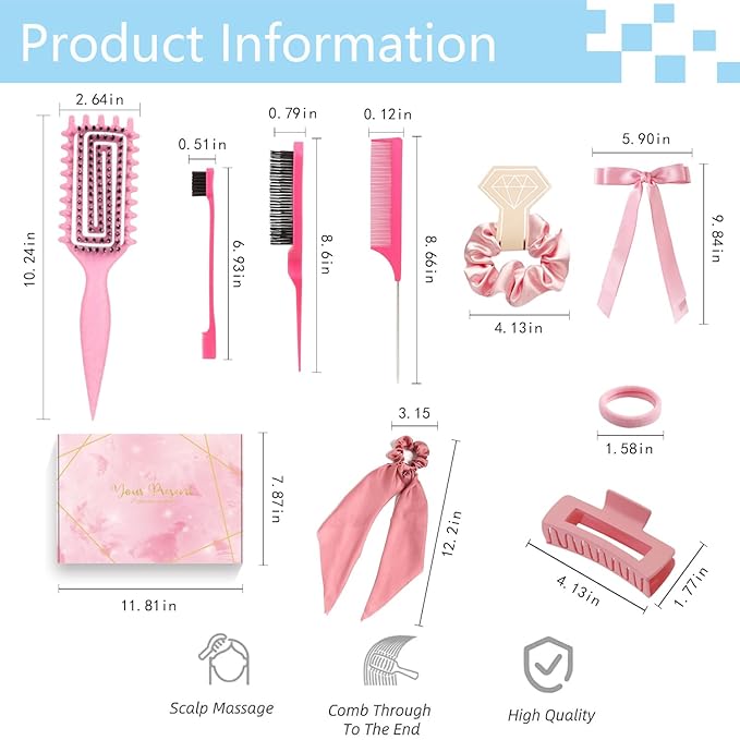 Curly Hair Brush,Curl Defining Brush,Slick Back Hair Brush,Rat Tail Comb,Edge Bristle Brush,Clip Claw,Bow,Satin Scrunchies,No Damage Hair Ties,Scarf Hair Ties,Gifts For Women,Best Gift Set(Purple)