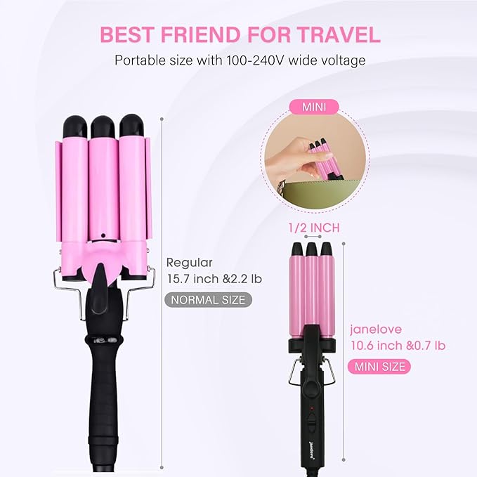 Mini Hair Crimper, janelove 1/2 Inch Beach Waves Curling Iron, Hair Waver for Short & Medium with 3 Ceramic Barrels, Home and Travel Friendly Crimper Hair Tool, Dual Voltage, 392℉ Fast Heating