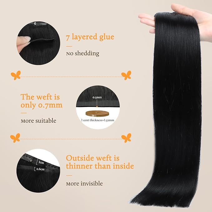 DOORES Human Hair Extensions Clip in, Jet Black 80g 7pcs 12 Inch, Thick Clip in Hair Extensions Remy Natural for Women Gift