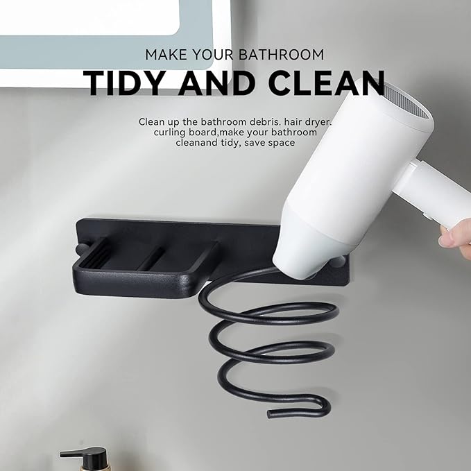 YUET Hair Dryer Holder Hairdryer Station Wall Mounted Spiral Shelf Bracket Stand Hanger Straightener Organizer Blow Storage with Holes Rack for Bathroom Aluminum Professional (Black)