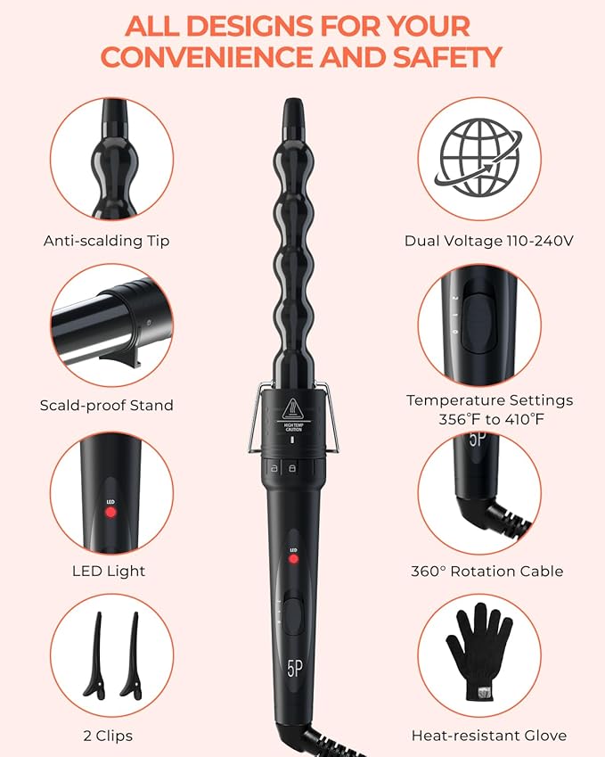 5 in 1 Curling Wand Set: Ohuhu Curling Iron Wand 5Pcs 0.35 to 1.25 Inch Interchangeable Ceramic Barrel Heat Protective Glove 2 Clips Dual Voltage Hair Curler for Girl Women Mother Christmas Gift Black