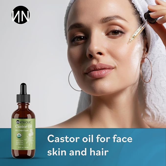 Natnique Castor Oil – USDA Certified Organic, 100% Pure Cold Pressed Unrefined Oil for Hair Growth, Eyelashes, Eyebrows & Scalp – Natural Skin Moisturizer, Lash Serum & Hair Treatment (2 Oz)