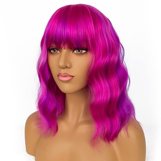 LANICE Short Bob Wigs with Bangs for Women Loose Wavy Hair Shoulder Length Rose Mix Purple Wigs Synthetic Colorful Wigs for Cosplay Daily PartyUse(Rose Mix Purple,12inch)