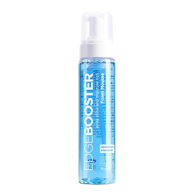 Style Factor EDGE BOOSTER Extra Shine & Moisture Rich Foam Mousse | Lightweight Styling for Curls, Waves, Braids & Locs | Volume & Shine | with Elderberry & Flaxseed Extract | 9 fl oz