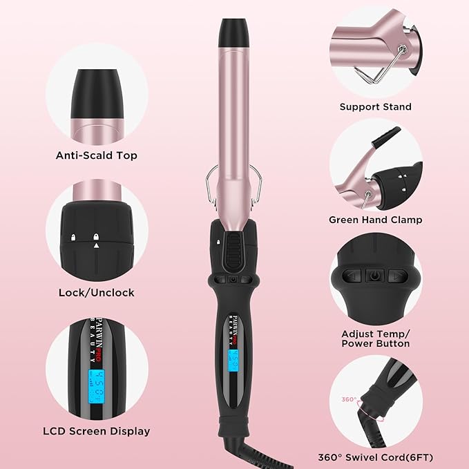 Curling Iron with Clamp PARWIN PRO BEAUTY 7 in 1 Curling Wand Set 0.5 to 1.5 Inch Interchangeable Barrels Adjustable Temp. Negative Ionic, Travel Dual Voltage 60mins Auto Shut Off, Rose Pink