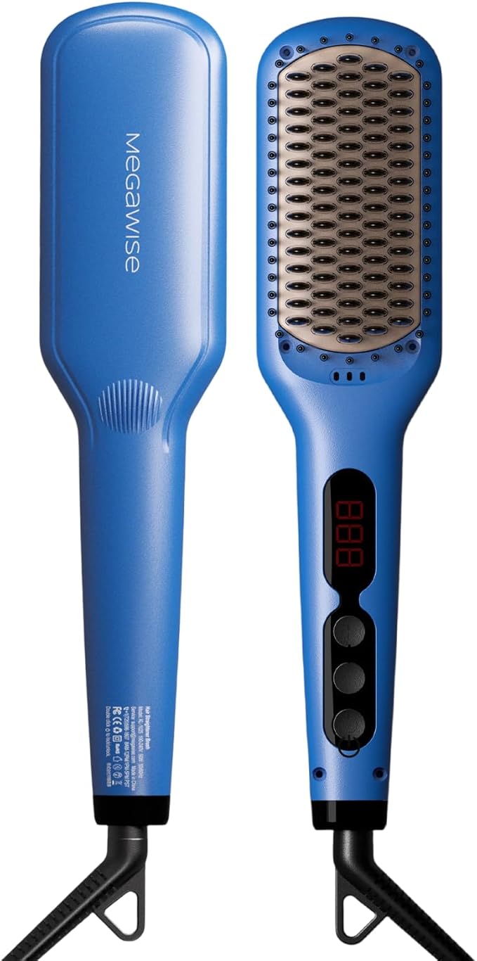 MEGAWISE Hair Straightener Ceramic Brush; Anti-Scald Dual Voltage Flat Iron Hot Brush | Rotatable Cord |Auto Shutoff | Anti-frizz |for All Hair Types (Gentian Blue)