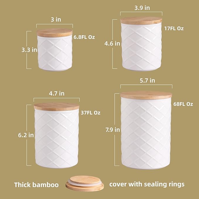 Sweejar Ceramic Canisters Sets for Kitchen Countertop, Relief Food Storage Jar with Bamboo Lid, Stackable Container for Flour, Coffee, Pasta, Cereal, Tea, Cookies, Sugar, Spices, Pack of 4 (Gray)