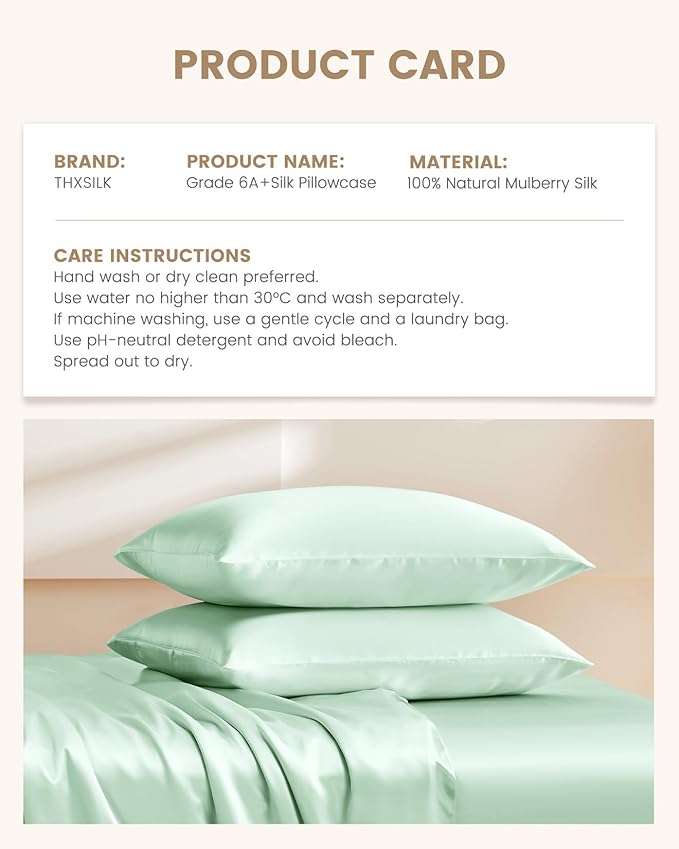 THXSILK Set of 2 100% Mulberry Silk Pillowcase for Hair and Skin Health, Soft Breathable and Smooth Pillowcases with Hidden Zipper, Both Sides Premium Grade 6A+ Silk, Standard 20"x26", Turquoise Green