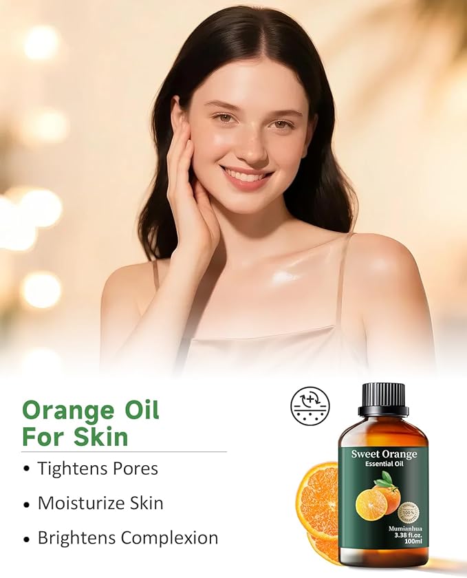 Orange Essential Oil Pure,Mumianhua Natural Sweet Orange Oil for Reed Diffuser, Humidifier, Air Purifier, Skin,Home, Perfumes, Soap, Candles Making, Room Spray, Cleaning 3.38Fl Oz