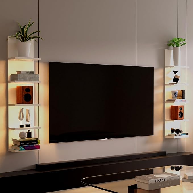 5 Tier Wall Shelf with Light, White Modern Vertical Lack Wall Shelves, Wall Mount, Floating Column Home Decor Shelves for Bedroom, Living Room, Vanity Storage Display