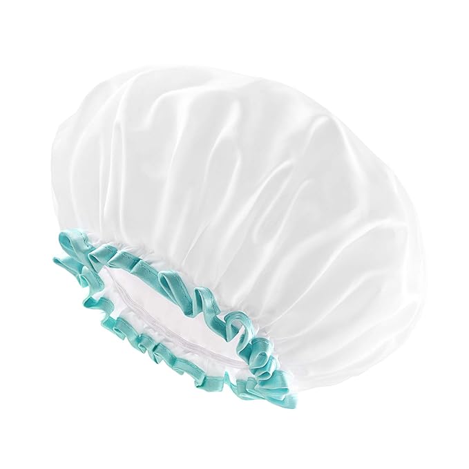 mikimini White Shower Caps for Women Long Hair,2 Pack,Large Size,Reusable,Waterproof Washable Hair Caps for Women and Girls, Super Cute and Extra Large
