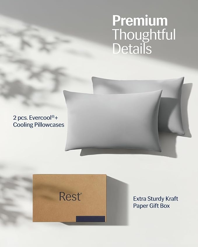 REST® Evercool®+ Cooling Pillowcases King - 2 Pillowcases for Sensitive Skin, Silver Infused Fabric for Hygienic Sleep, Silky Smooth for Curly Hair, High Elastic for Snug Fit (19x35 inches)
