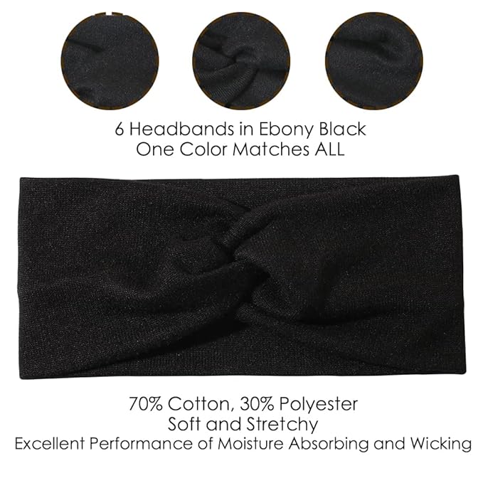 Artilady 6 Pack Wide Boho Headbands for Women - Soft Yoga Elastic Hair Bands for Girls Workout Running Sport Headwrap Non-slip Breathable (Ebony)