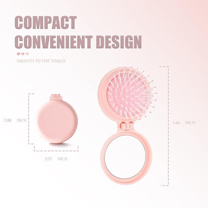 Folding Hair Brush with Compact Mirror, 2-in-1 Mini Hairbrush for Travel - Foldable Portable Pocket-Sized, Detangling Brush with Soft Nylon Bristles for Purse, Backpack, Women & Girls on The Go