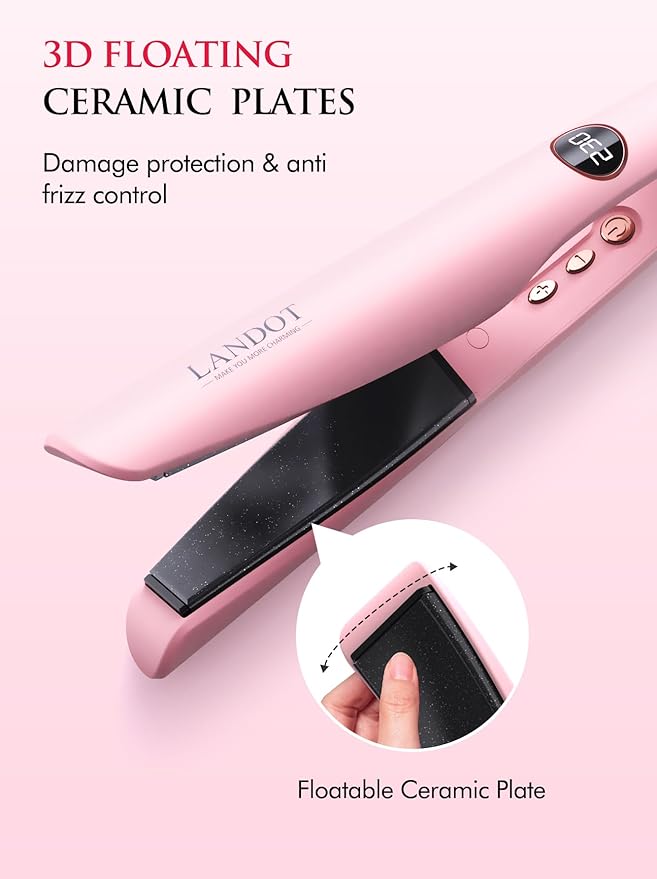 LANDOT 2-in-1 Hair Straightener and Curler - Upgrade Twist Flat Curling Iron for Sleek Straight, Bouncy Curls, Beach Waves, Tourmaline Ceramic, Dual Voltage, Adjust Temp 250-450°F for All Hair Types