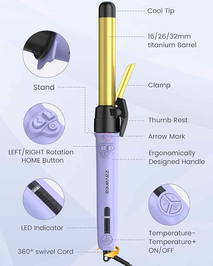 Rotating Curling Iron 3 in 1 Set, Automatic Curling Wand with 3 Interchangeable Ceramic Barrels(0.75" - 1.25"), Instant Heating Hair Culer with 5 Adjustable Temp, Include Heat Resistant Glove & Clips