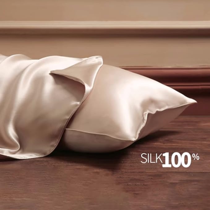 Beige Silk Pillow Cases Queen, 100% Mulberry Silk Pillowcase for Hair and Skin Made in USA, 22 Momme, Zipper Closure, Anti Acne, Soft, 1 Pack 20"x30"(Queen, Beige)