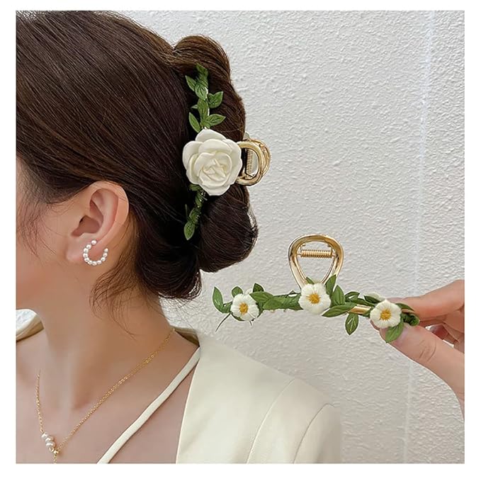 Large Metal Camellia Hair Claws for Women - 2Pcs Sweet Retro Non-Slip Butterfly Leaf and Flower Jaw Clips, Cute Big Hair Accessories