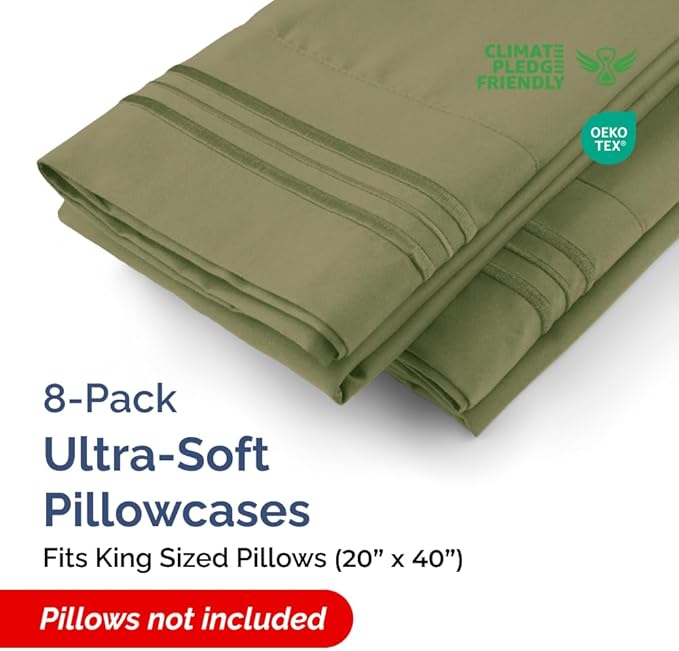 King Pillow Cases Set of 8 - Ultra Soft Hotel Quality Pillowcase Covers - Comfy. Cozy & Wrinkle Free - Shrink, Stain and Fade Resistant - Machine Washable Pillow Protectors - 8 Piece Set - Sage Green