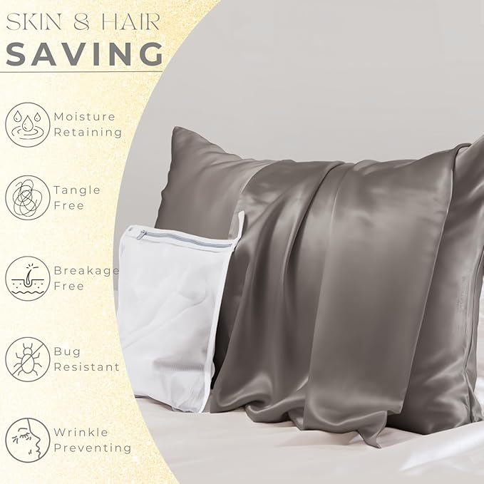 PROMEED 100% Silk Pillowcase 2 Pack with Zipper, Both Sides Premium Mulberry Silk Pillow Cases Set of 2 for Hair and Skin, Anti BedHead, Anti Frizz (Standard 20"x26", Grey)