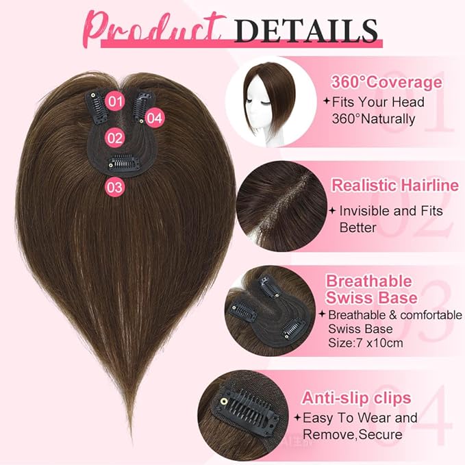 Hair Toppers for Women Real Human Hair Topper for Women with No Bangs Hairpieces Comfortable and Breathable 10 Inch Swiss Base 3D 360°Cover Glue-free and Shedding Free (Medium Brown)