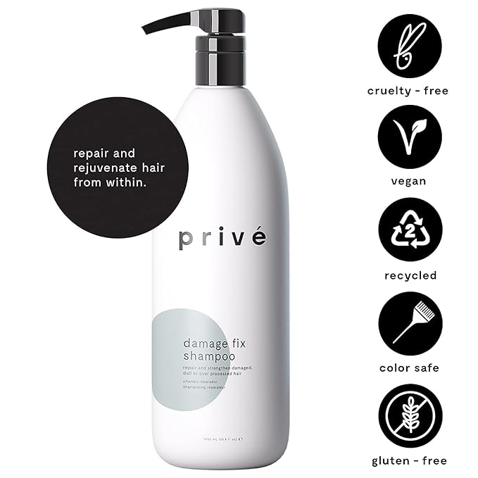 Privé Damage Fix Hair Shampoo for Women & Men - Sulfate-Free Repair Shampoo for Damaged Hair - Strengthening & Moisturizing Formula for Dry, Dull & Over-Processed Strands (33.8 oz)