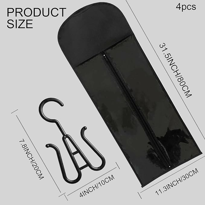 Jonley 4Pcs Extra Long Wig Storage Bags with Hanger, Wig Storage for Multiple Wigs, Wig Bag with Hook Storage, Breathable and Easy Carry Home Hair Salon Travel Use (Black 31.5in)