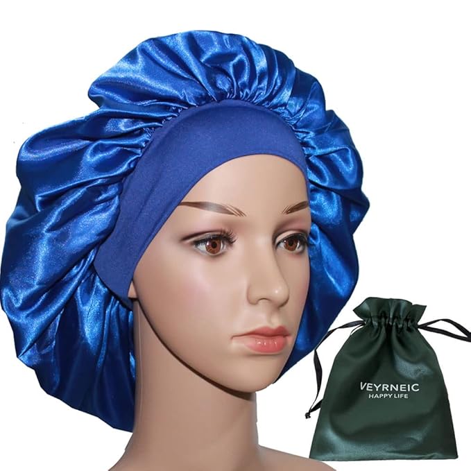 VEYRNEIC Hair Satin Bonnet for Sleeping Shower Caps Silk Chemo Caps with Wide Elastic Band Night Sleep Cap Bonnets for Black Women Braids with Satin Storage Bag (Royal Blue)