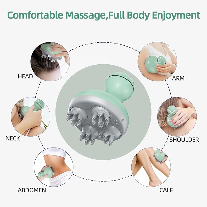 cotsoco Electric Scalp Head Massager, Scalp Hair Massage Waterproof Head Massager with 4 Heads 84 Nodes for Hair Growth and Stress Release Massage Green