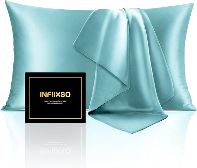 INFIIXSO Mulberry Silk Pillowcase for Hair and Skin, Silk Pillow Cases King Size with Hidden Zipper 20"x40", Extraordinary Smooth and Soft Cooling Pillow Cases for Hot Sleepers(Ocean Mist, 1 Pack)