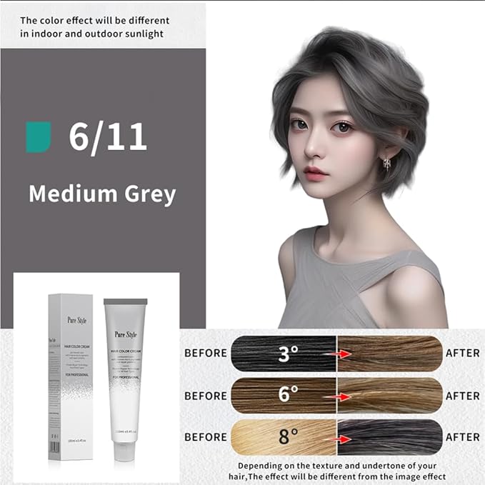 PureStyle 100ml Professional Permanent Hair Color Dye Cream Ammonia Free, Long Lasting Medium Grey Color, 100% Gray Coverage, Natural Shine, For All Hair Types Easy At Home Application
