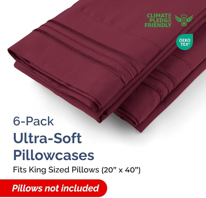King Pillow Cases Set of 6 - Ultra Soft Hotel Quality Pillowcase Covers - Comfy & Wrinkle Free - Shrink, Stain & Fade Resistant - Easy-Care, Machine Washable Pillow Protectors - 6 Piece Set - Burgundy