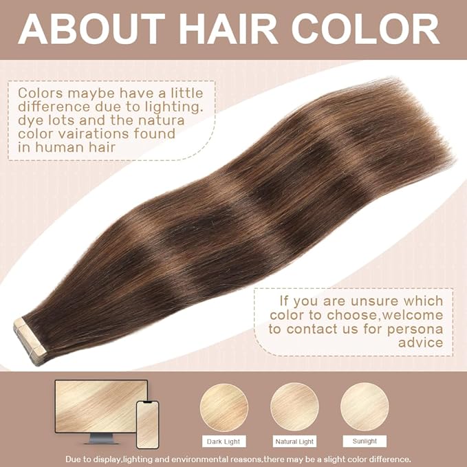 Human Hair Tape in Extensions Dark Brown to Mixed Chestnut Brown 20 Inch Invisible Tape in Hair Extensions Human Hair for Women Hair Extensions Real Human Hair Tape in